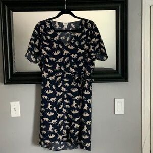 J CREW Navy Cheetah Leopard Print Short Sleeve Wrap Mini Dress